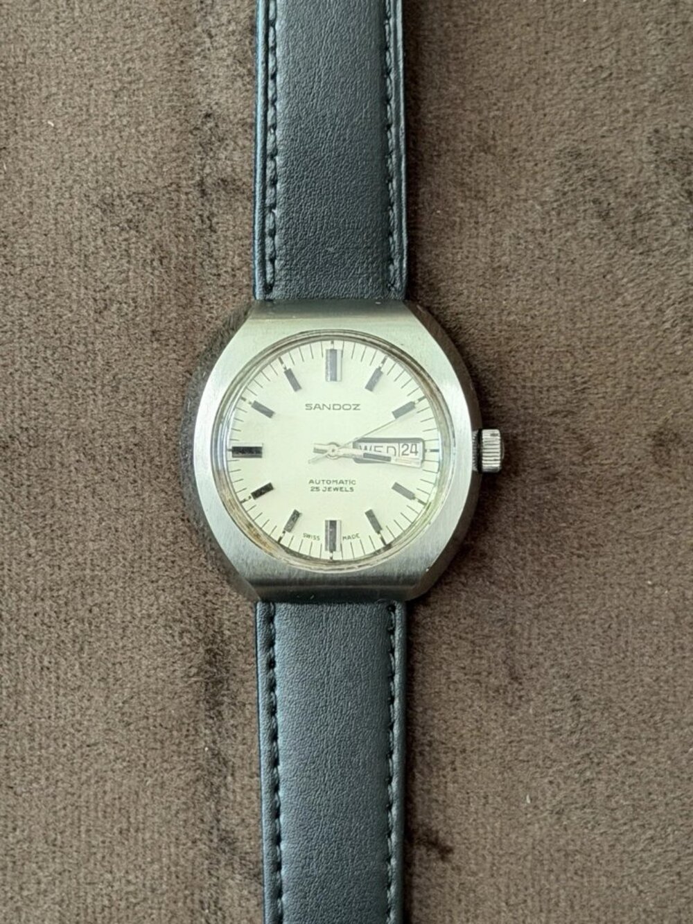 Sandoz Automatic Men's 25J Swiss Made Day/Date Silver Dial Black Leather